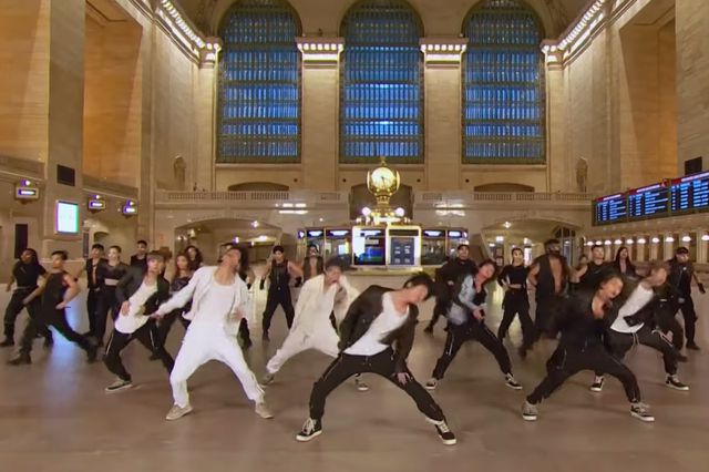 The Korean group BTS performs in an empty Grand Central Terminal, for The Tonight Show.